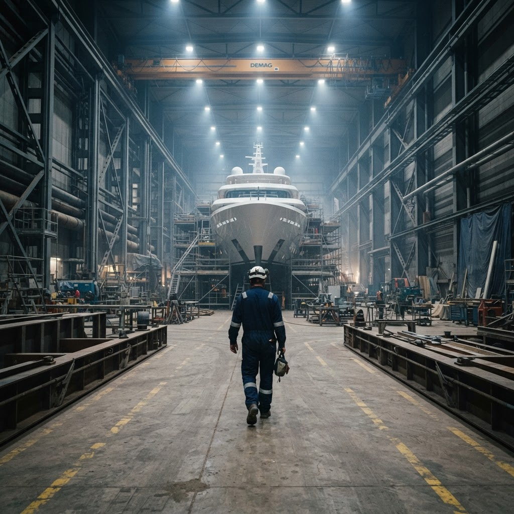 Shipyard worker walking toward a yacht under construction