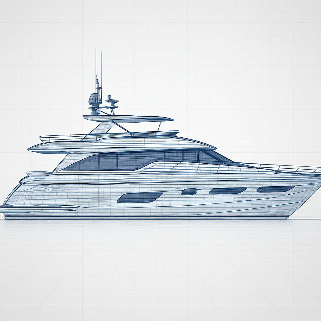 3D digital twin wireframe of a luxury yacht